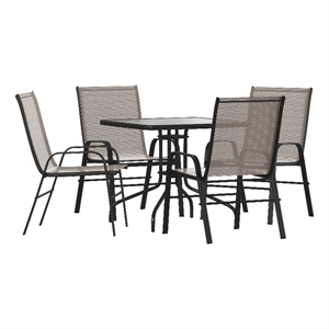 5 Piece Patio Dining Set - 31.5&quot Square Glass Table 4 Brown Flex Stack Chairs