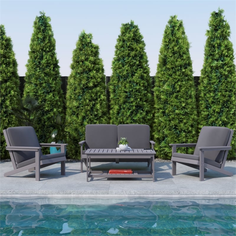All-Weather Poly Resin Adirondack Loveseat & Cushions - Gray/Gray
