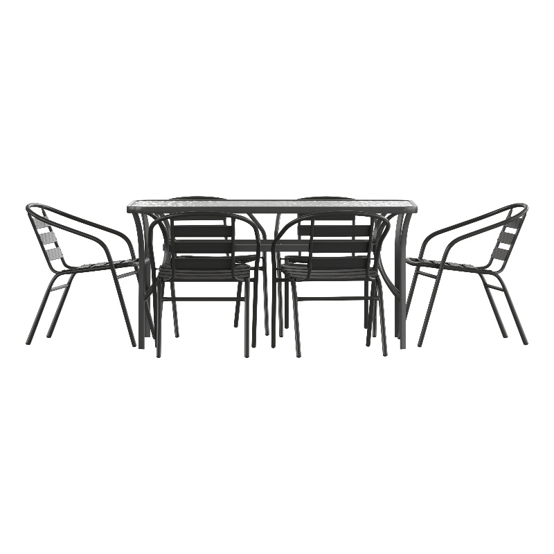 Commercial Patio Dining Set with Tempered Glass Top Table and 6 Chairs in Black