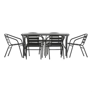Commercial Patio Dining Set with Tempered Glass Top Table and 6 Chairs in Black