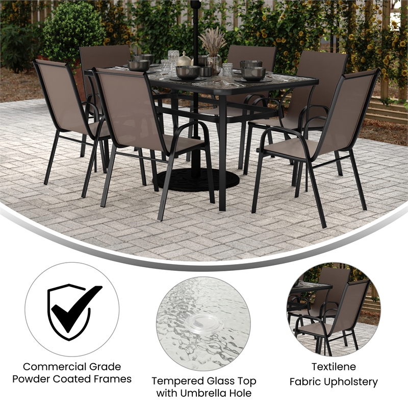 Commercial 7 Pc Outdoor Patio Dining Set with Glass Table and 6 Chairs - Brown