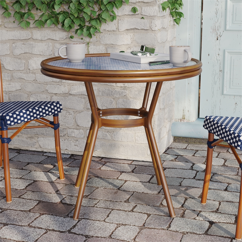 Indoor/Outdoor Commercial Glass Top Bistro Table in Navy/White