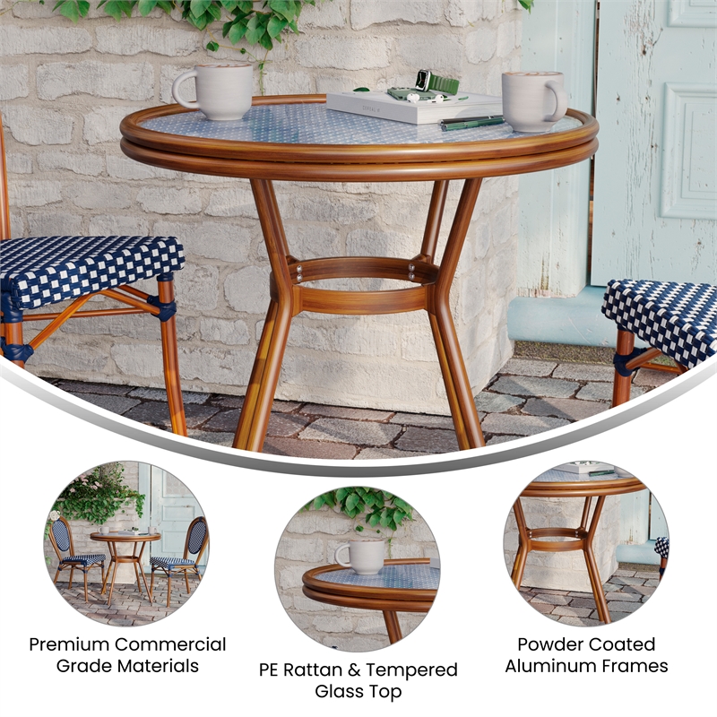 Indoor/Outdoor Commercial Glass Top Bistro Table in Navy/White