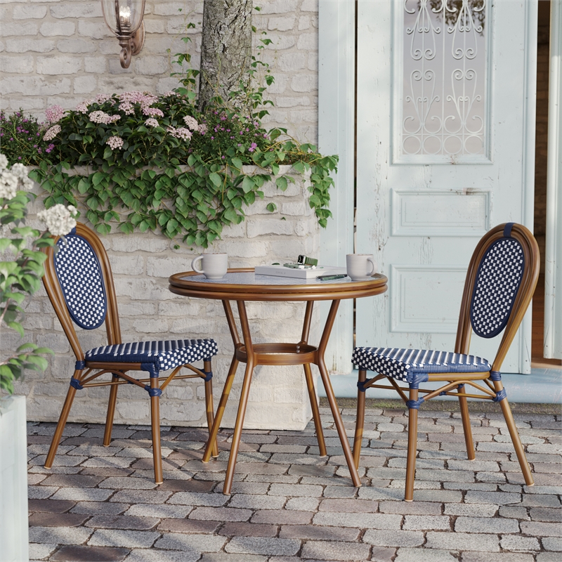 Indoor/Outdoor Commercial Glass Top Bistro Table in Navy/White