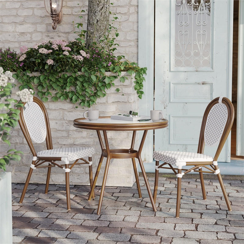 Indoor/Outdoor Commercial Glass Top Bistro Table in White/Gray