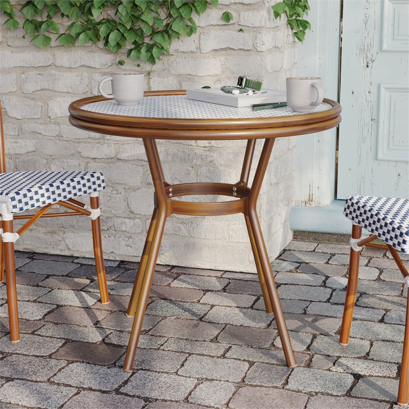 Indoor/Outdoor Commercial Glass Top Bistro Table in White/Navy