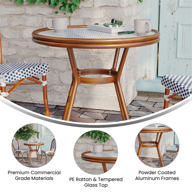 Indoor/Outdoor Commercial Glass Top Bistro Table in White/Navy