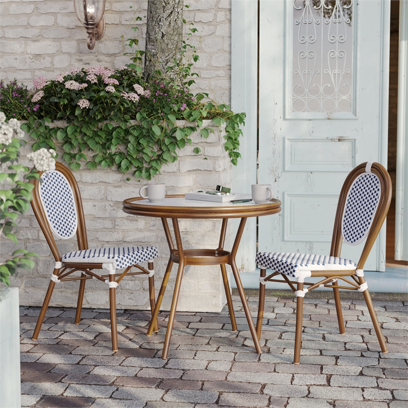 Indoor/Outdoor Commercial Glass Top Bistro Table in White/Navy