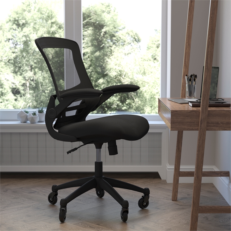 Ergonomic Swivel Task Chair with Roller Wheels & Flip Up Arms - Black Mesh