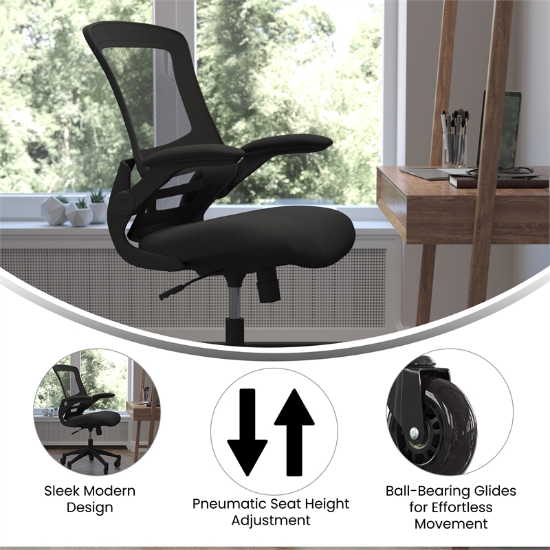 Ergonomic Swivel Task Chair with Roller Wheels & Flip Up Arms - Black Mesh