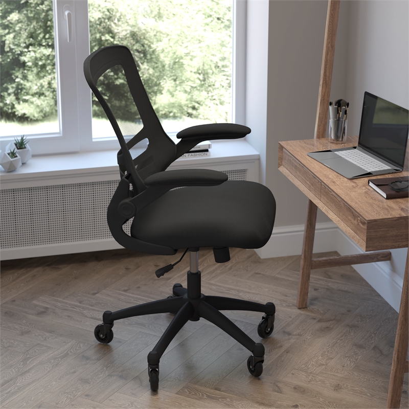 Ergonomic Swivel Task Chair with Roller Wheels & Flip Up Arms - Black Mesh
