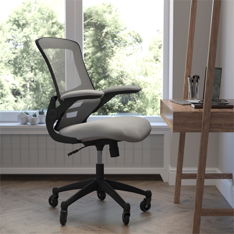 Ergonomic Swivel Task Chair with Roller Wheels & Flip Up Arms - Gray Mesh