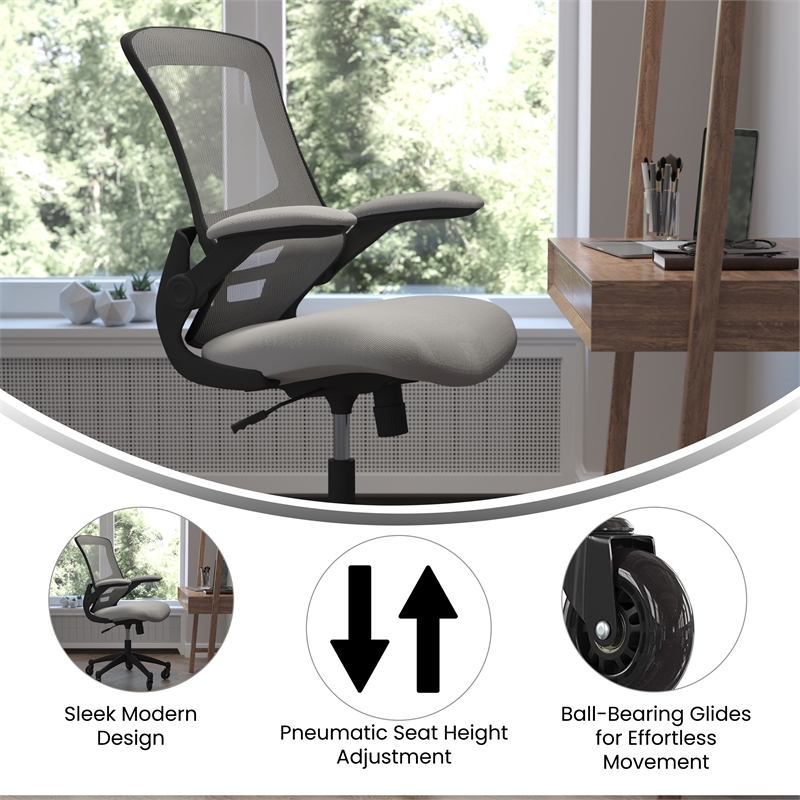 Ergonomic Swivel Task Chair with Roller Wheels & Flip Up Arms - Gray Mesh
