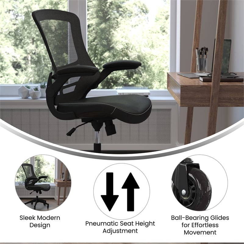 Ergonomic Swivel Task Chair with Roller Wheels & Flip Up Arms-Black LeatherSoft