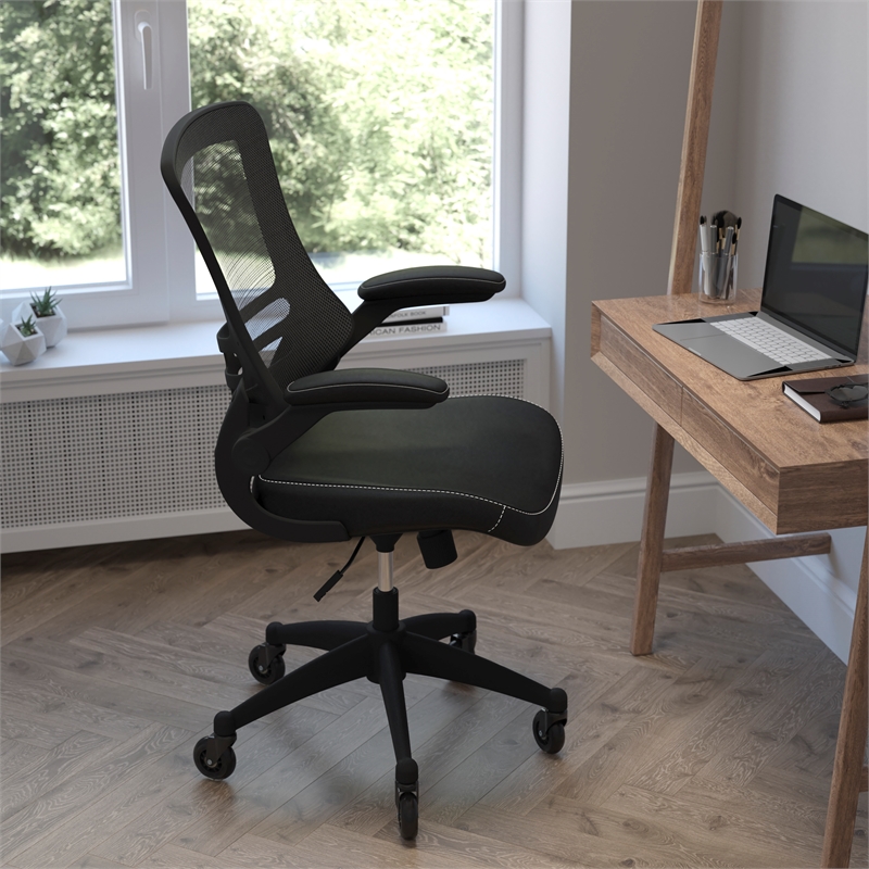 Ergonomic Swivel Task Chair with Roller Wheels & Flip Up Arms-Black LeatherSoft