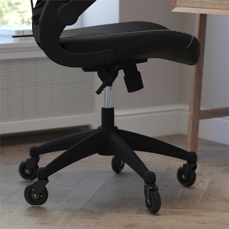 Ergonomic Swivel Task Chair with Roller Wheels & Flip Up Arms-Black LeatherSoft