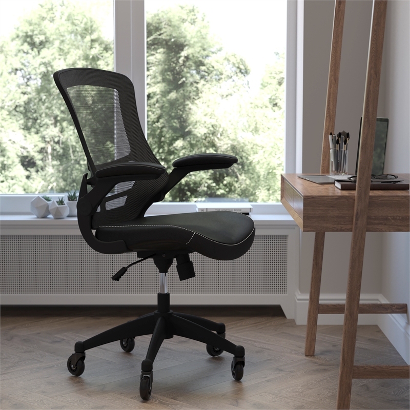 Ergonomic Swivel Task Chair with Roller Wheels & Flip Up Arms-Black LeatherSoft