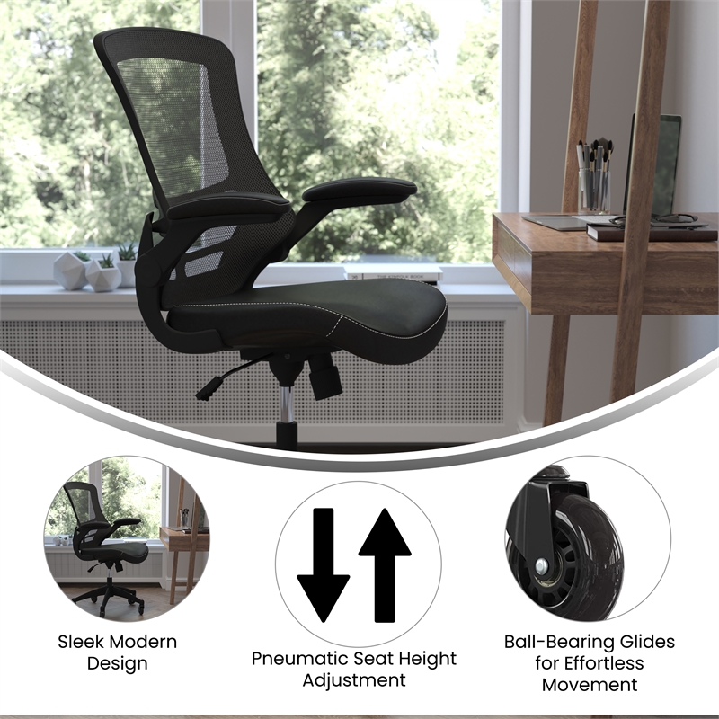 Ergonomic Swivel Task Chair with Roller Wheels & Flip Up Arms-Black LeatherSoft