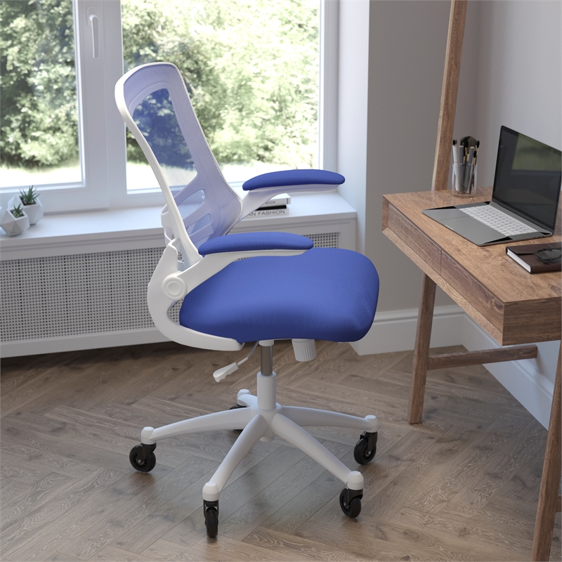 Ergonomic Swivel Task Chair with Roller Wheels & Flip Up Arms - Blue Mesh