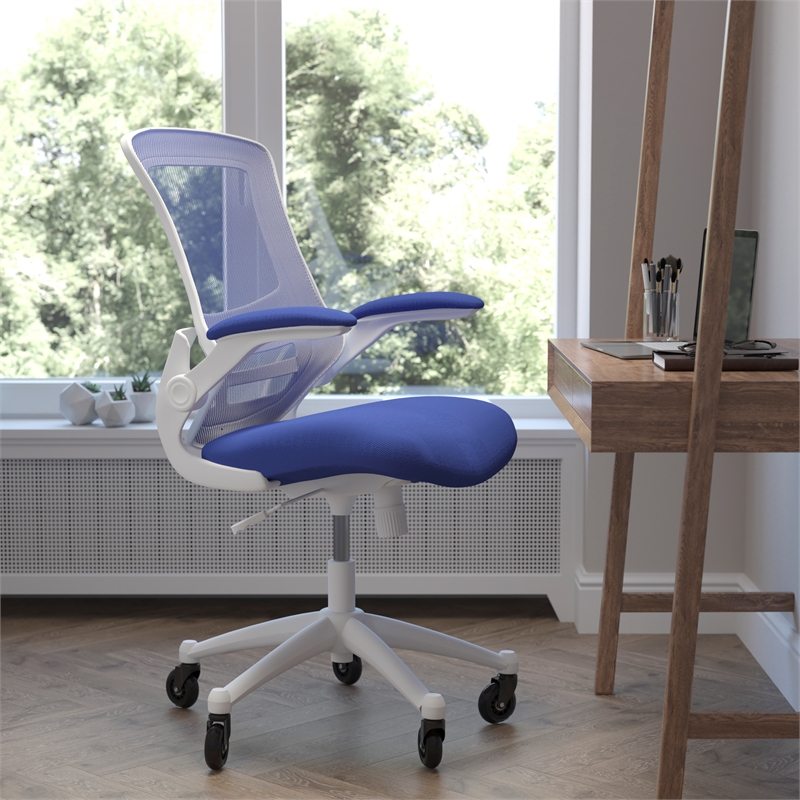 Ergonomic Swivel Task Chair with Roller Wheels & Flip Up Arms - Blue Mesh