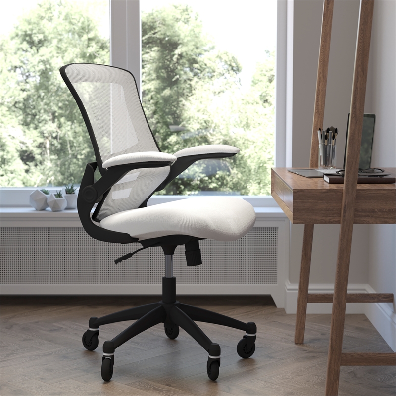 Ergonomic Swivel Task Chair with Roller Wheels & Flip Up Arms - White Mesh