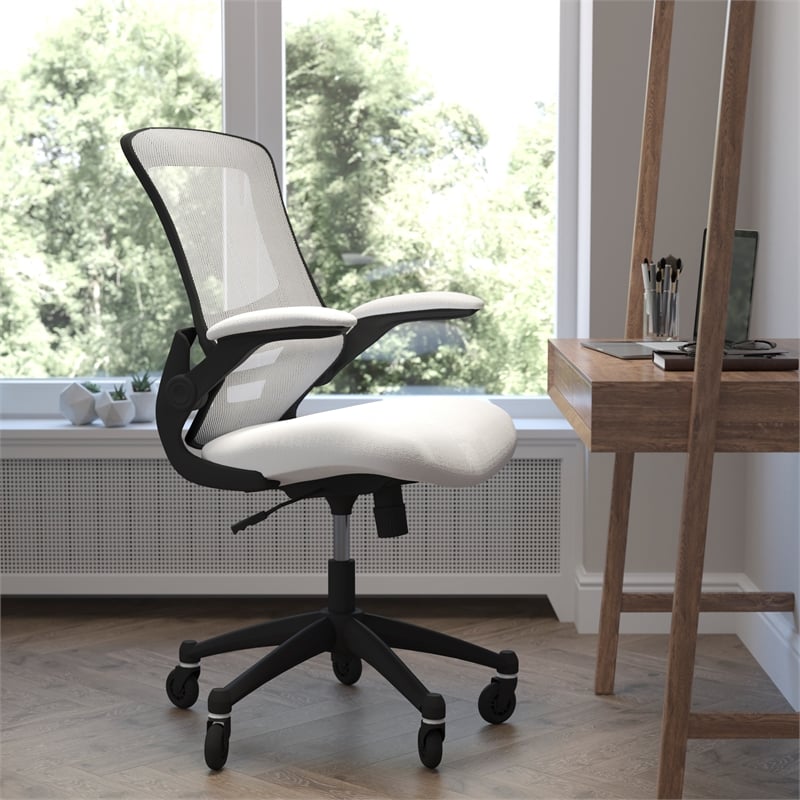 Ergonomic Swivel Task Chair with Roller Wheels & Flip Up Arms - White Mesh