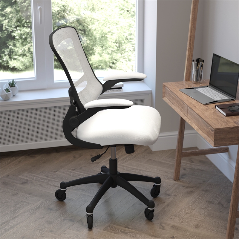 Ergonomic Swivel Task Chair with Roller Wheels & Flip Up Arms - White Mesh