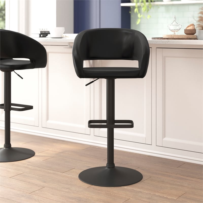 Black Vinyl Adjustable Height Barstool with Rounded Mid-Back and Black Base