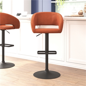 Cognac Vinyl Adjustable Height Barstool with Rounded Mid-Back and Black Base