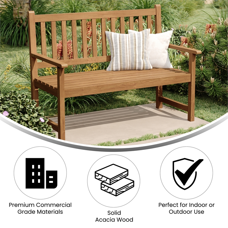 Commercial Indoor/Outdoor 2-Person Patio Acacia Wood Bench Loveseat in Brown