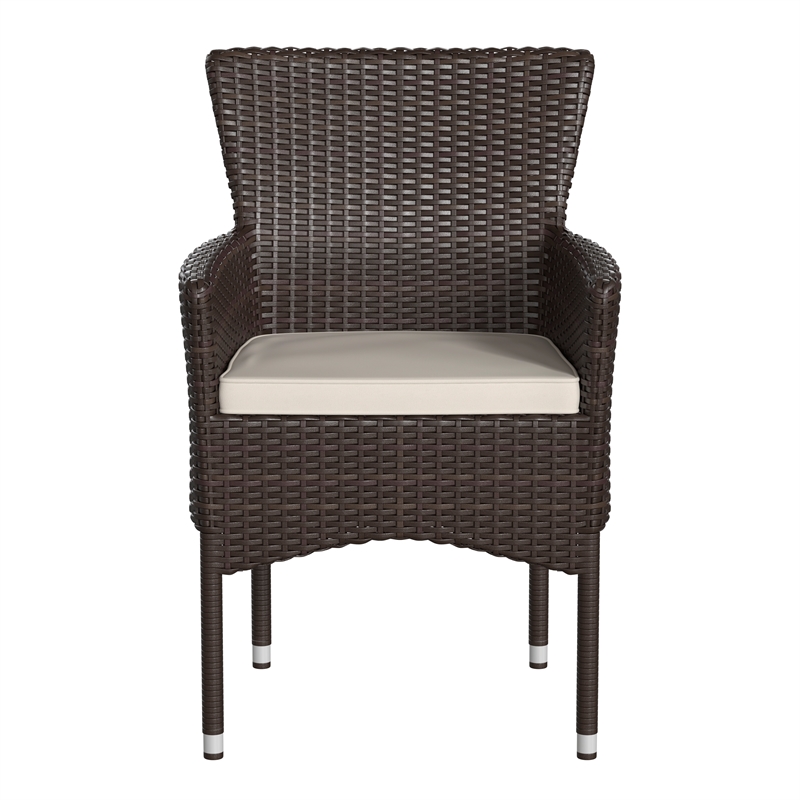 Indoor/Outdoor Espresso Wicker Wrapped Steel Frame Patio Chairs & Cream Cushions