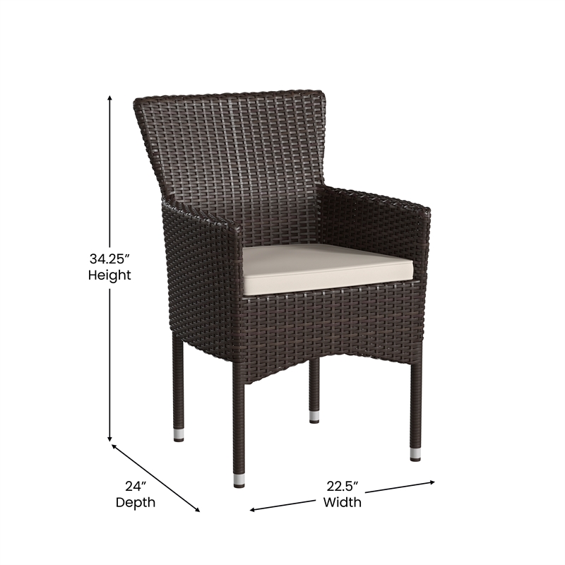 Indoor/Outdoor Espresso Wicker Wrapped Steel Frame Patio Chairs & Cream Cushions