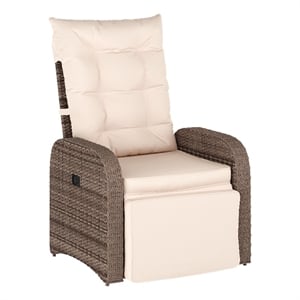 Indoor/Outdoor Wicker Rattan Recliner with Flip-Up Side Table in Beige & Brown