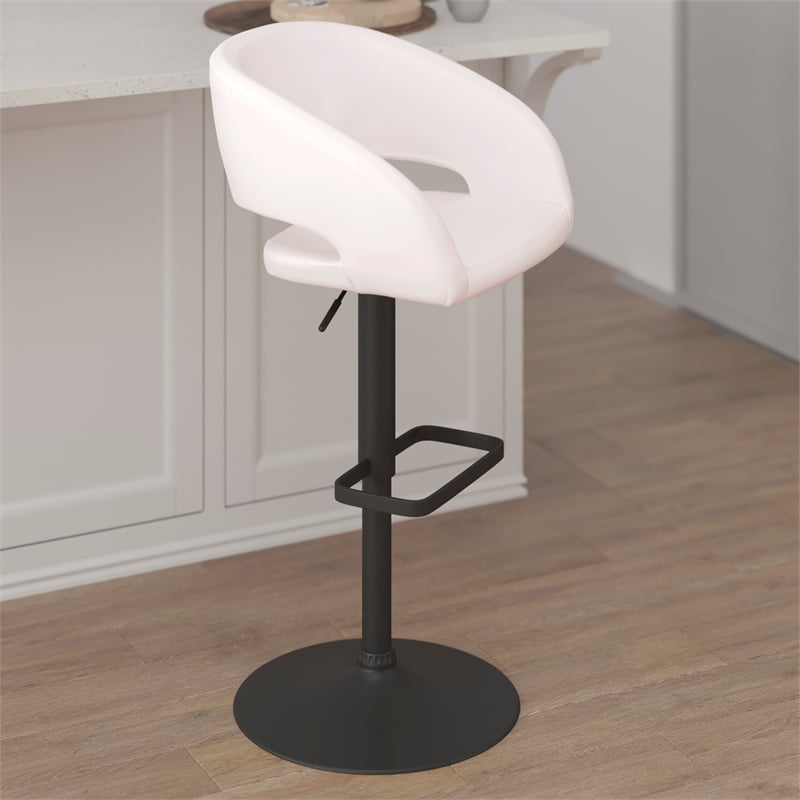 White Vinyl Adjustable Height Barstool with Rounded Mid-Back and Black Base