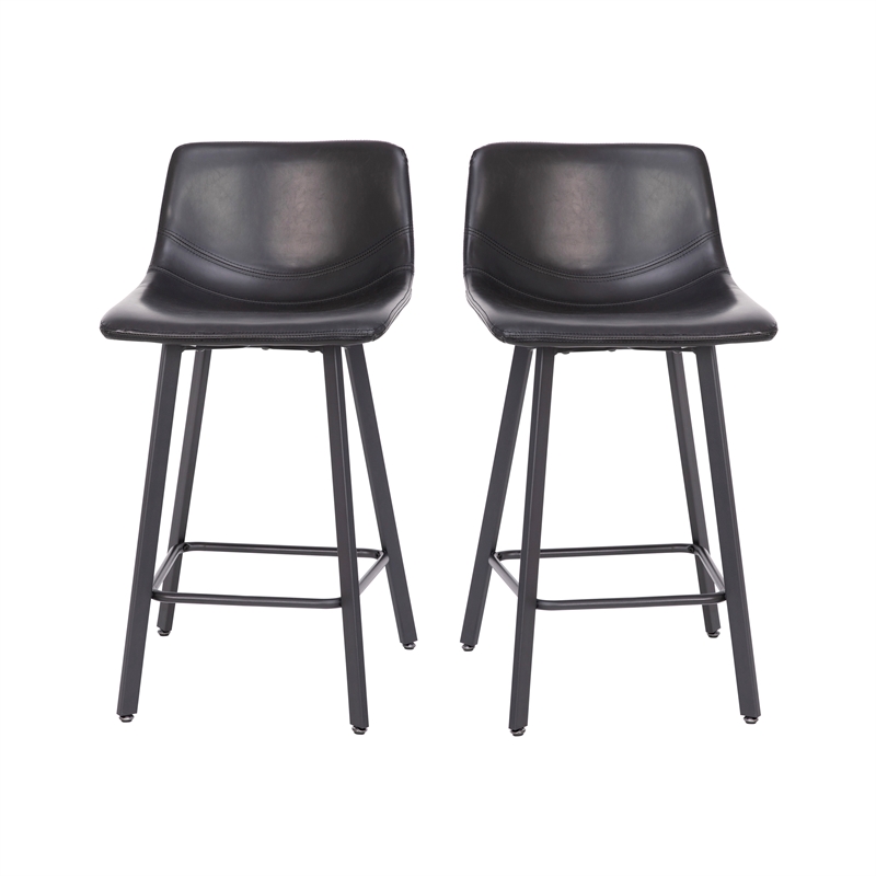 Set of 2 Commercial Armless Metal Counter Stools - Black LeatherSoft