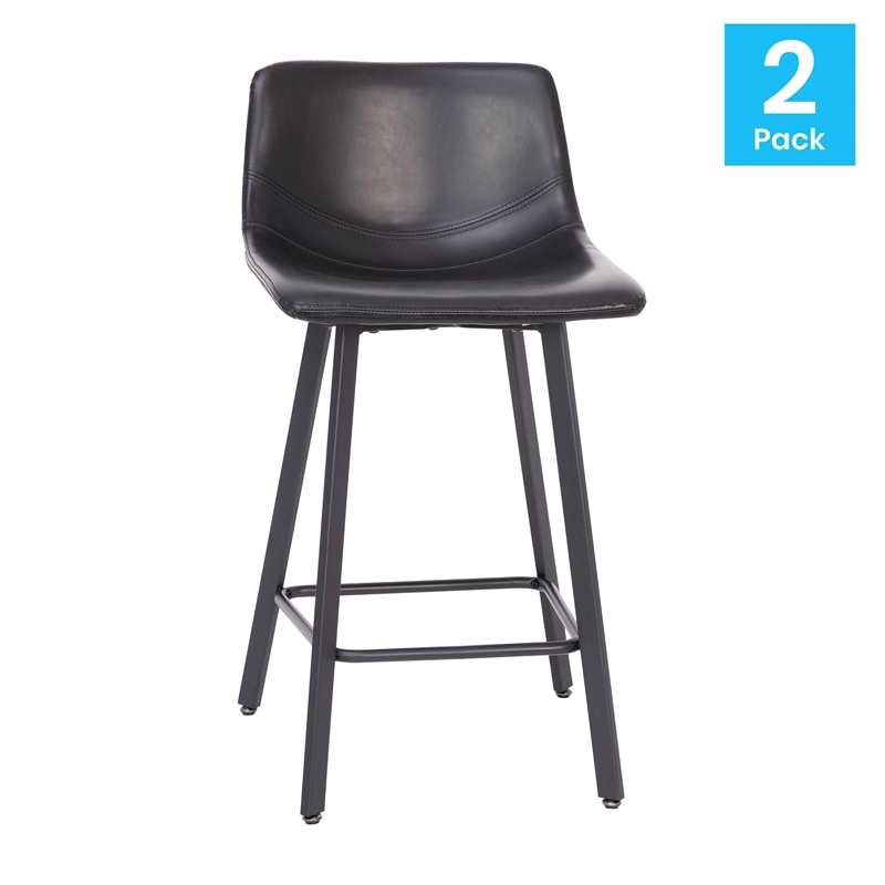 Set of 2 Commercial Armless Metal Counter Stools - Black LeatherSoft