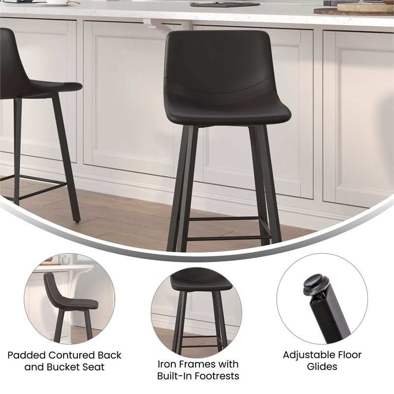 Set of 2 Commercial Armless Metal Counter Stools - Black LeatherSoft