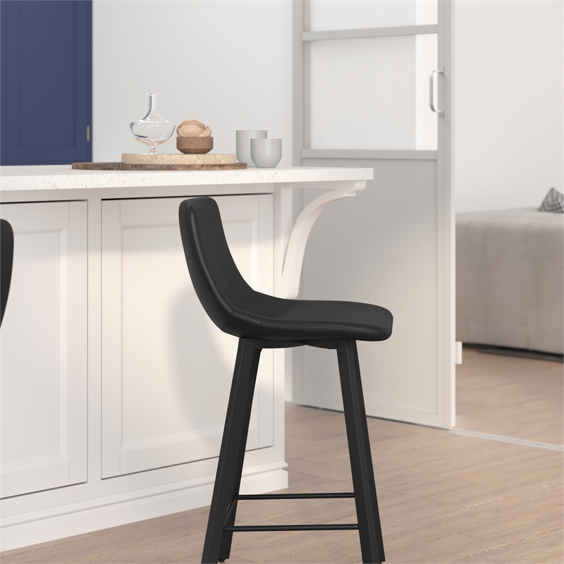 Set of 2 Commercial Armless Metal Counter Stools - Black LeatherSoft