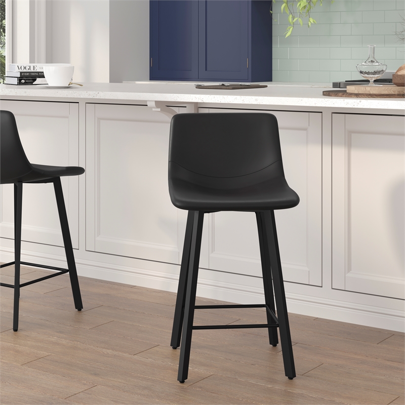 Set of 2 Commercial Armless Metal Counter Stools - Black LeatherSoft