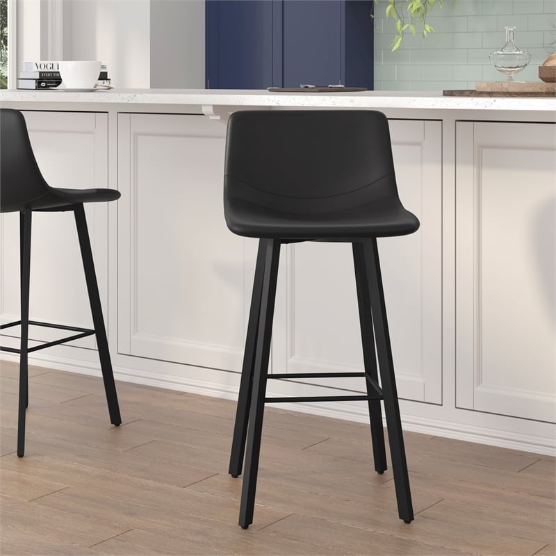 Set of 2 Commercial Indoor Armless Iron Barstools - Black LeatherSoft