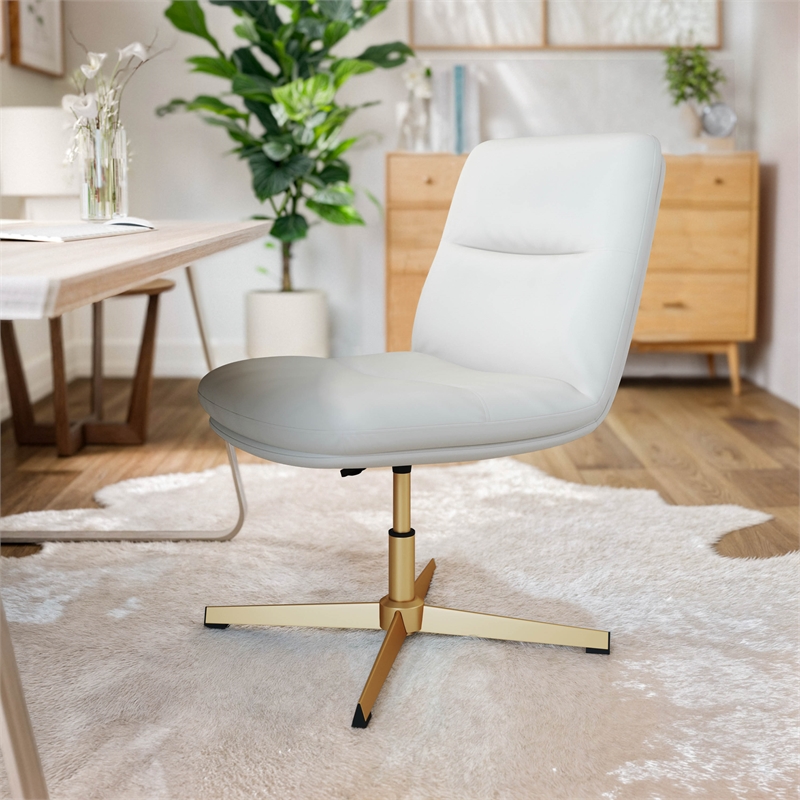 Commercial Mid-Back Padded LeatherSoft Swivel Office Chair in White/Gold