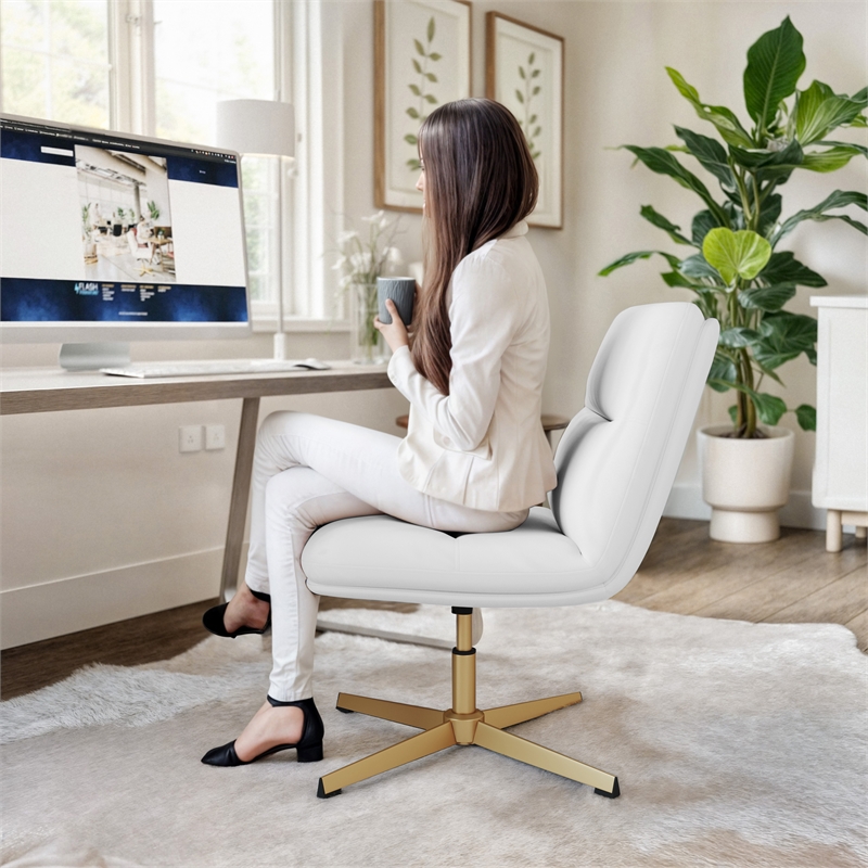 Commercial Mid-Back Padded LeatherSoft Swivel Office Chair in White/Gold