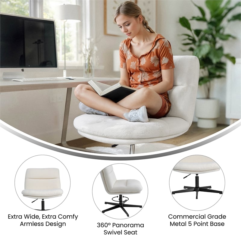 Commercial Wide Mid-Back Padded Faux Shearling Swivel Office Chair in Cream/Blk