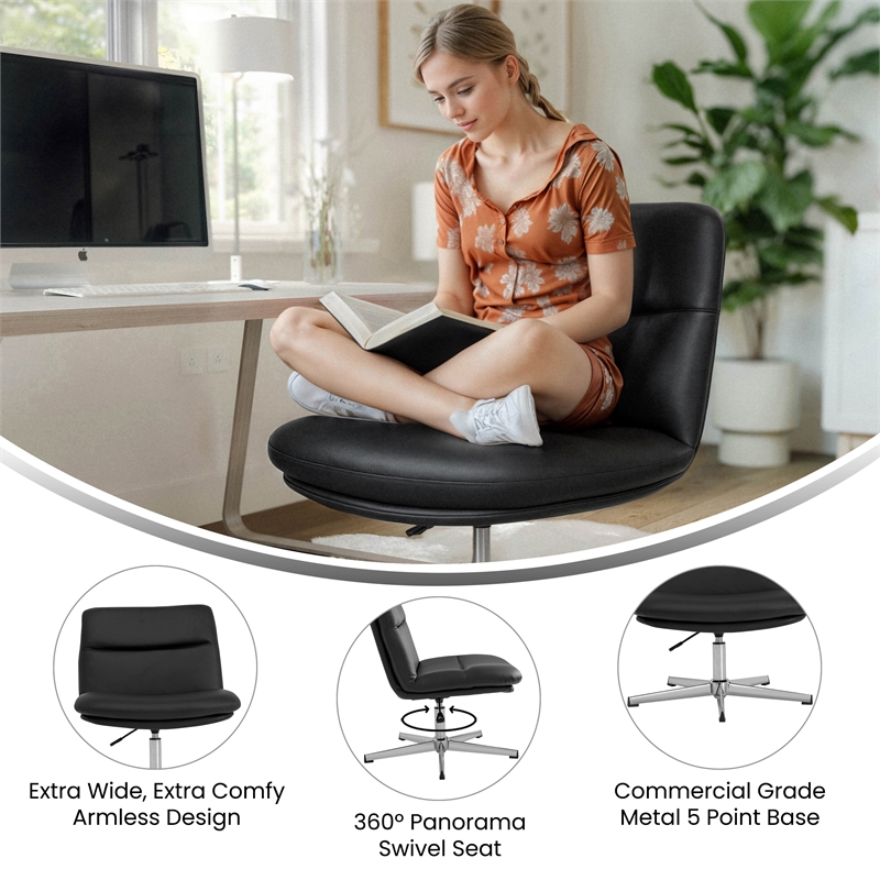 Commercial Wide Mid-Back Padded LeatherSoft Swivel Office Chair in Black/Chrome