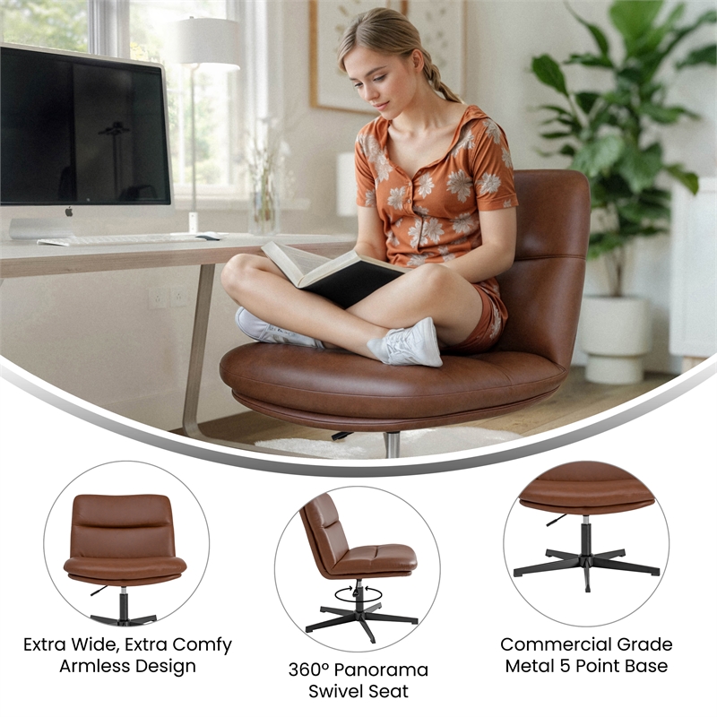 Commercial Wide Mid-Back Padded LeatherSoft Swivel Office Chair in Cognac/Black