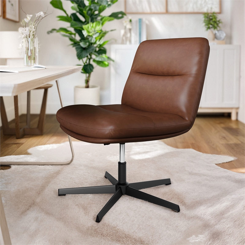 Commercial Wide Mid-Back Padded LeatherSoft Swivel Office Chair in Cognac/Black