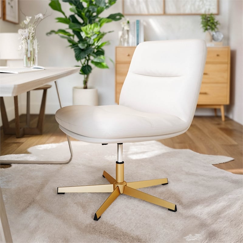 Commercial Wide Mid-Back Padded LeatherSoft Swivel Office Chair in White/Gold