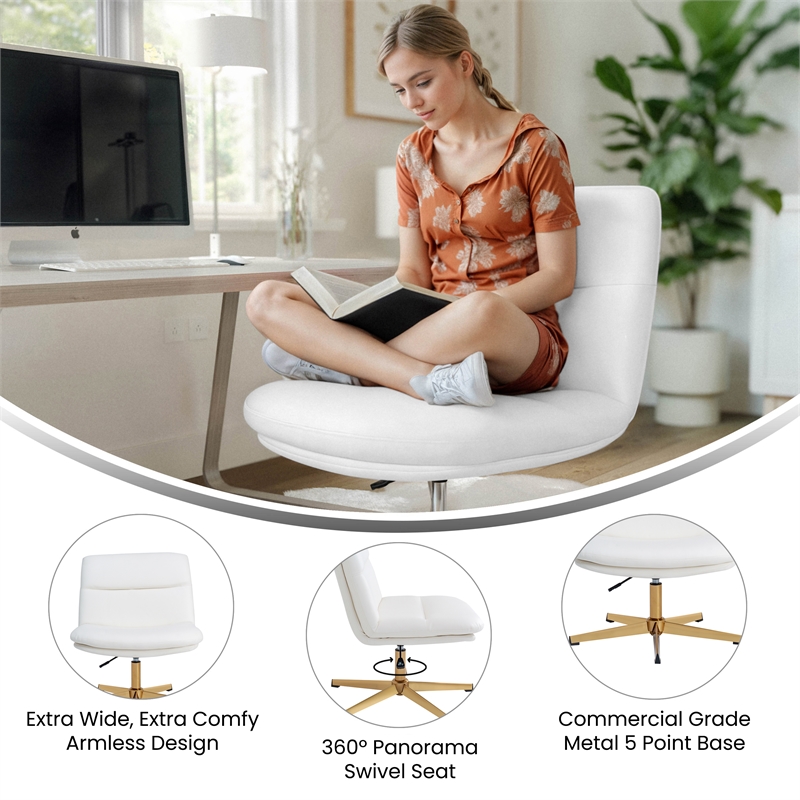 Commercial Wide Mid-Back Padded LeatherSoft Swivel Office Chair in White/Gold