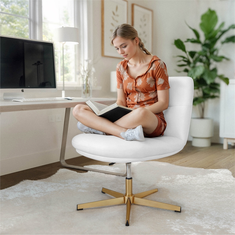 Commercial Wide Mid-Back Padded LeatherSoft Swivel Office Chair in White/Gold