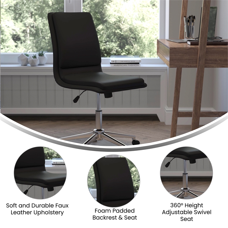 Mid-Back Armless Office Task Chair with Chrome 5-Star Base in Black LeatherSoft